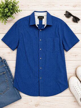 Denim & Flower Men’s Large Blue Dot Slim Fit Short Sleeve Shirt 100% Cotton